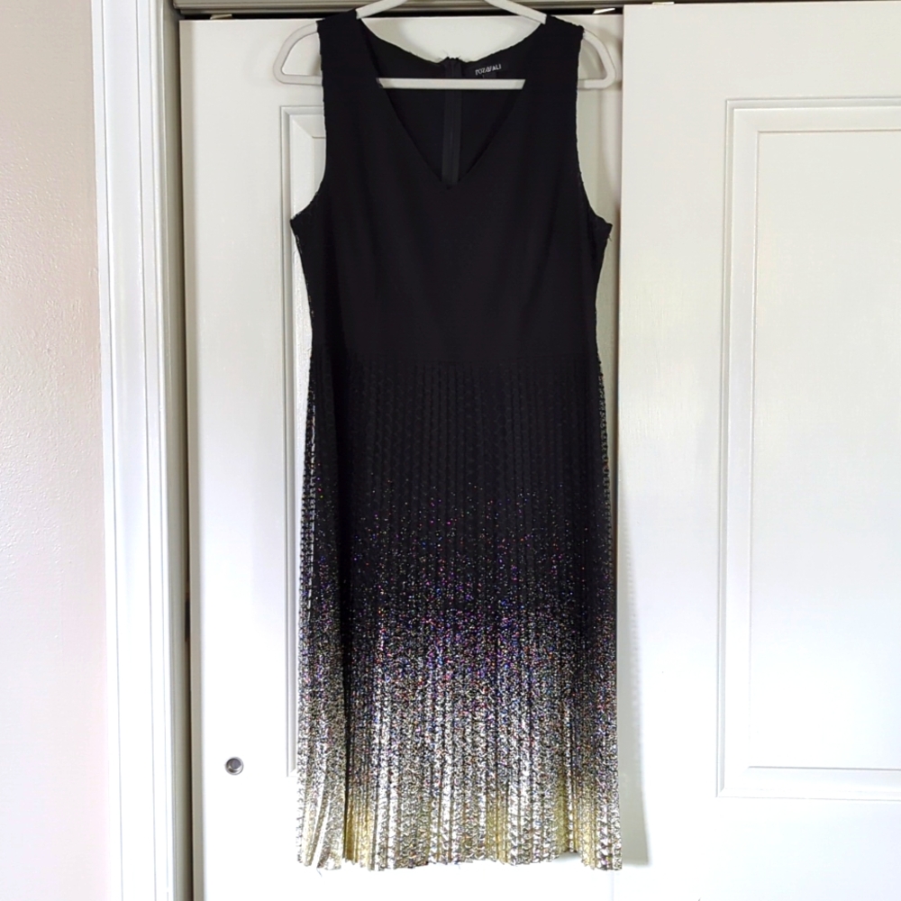 Black and gold lace evening dress